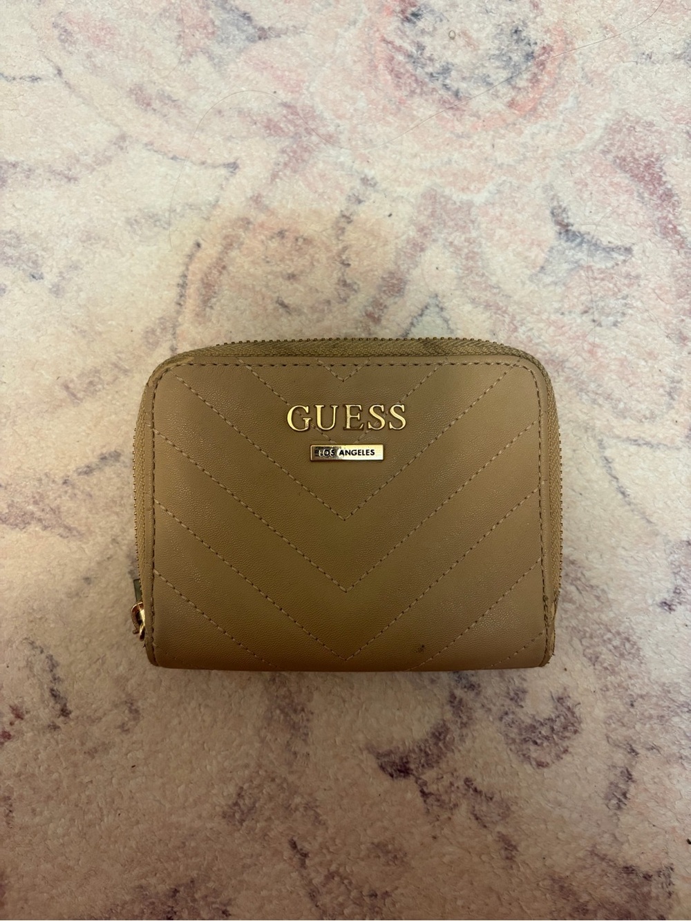 GUESS Brown Quilted Zip Around Wallet with Gold Logo